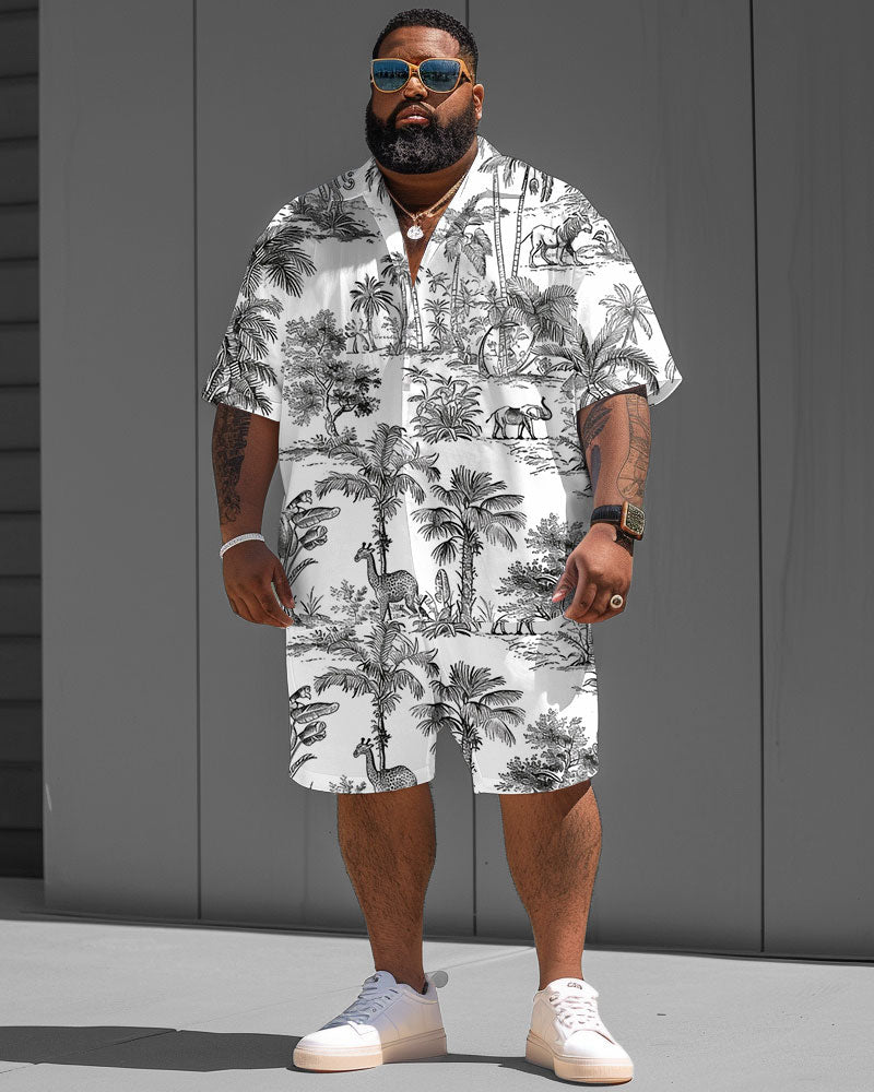 Men's Plus Size Street Fashion Nature Print Short Sleeve Shirt Shorts Suit