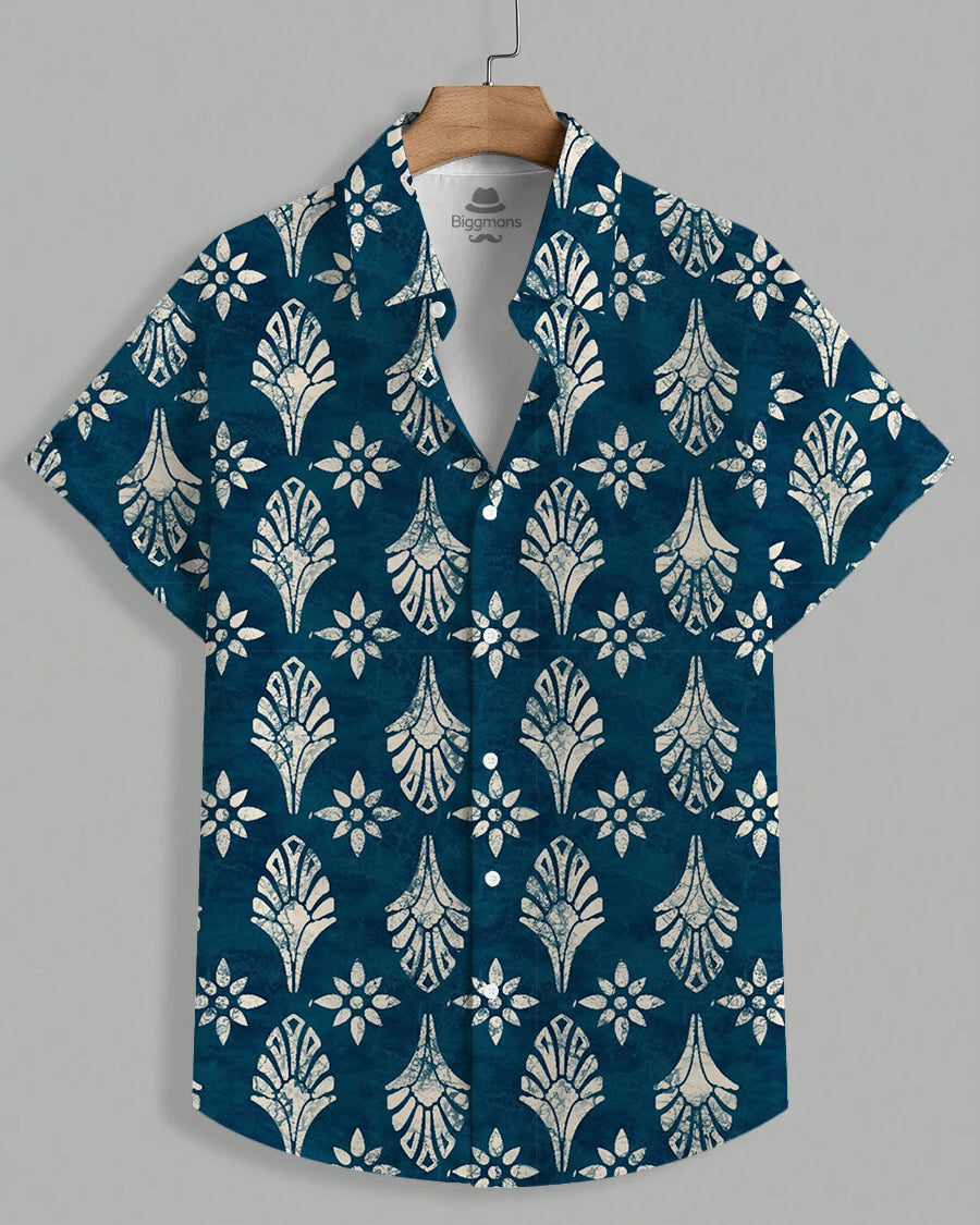 Men's Plus Size Hawaiian Blue Floral Tribal Art Print Short Sleeve Shirt