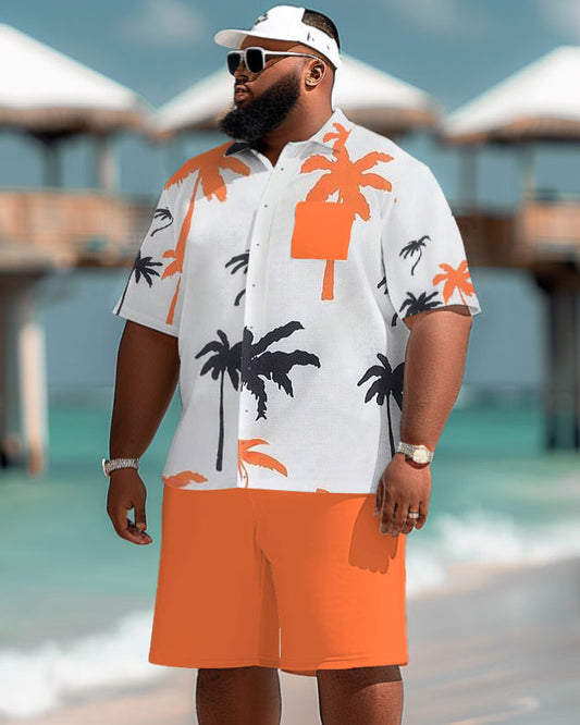 Men's Plus Size Hawaiian Coconut Tree Print Pocket Short Sleeve Shirt Shorts Set