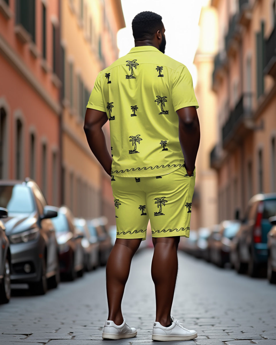 Men's Plus Size Hawaiian Fluorescent Yellow Coconut Casual Cuban Nocket Short Sleeve Shirt Shorts Suit