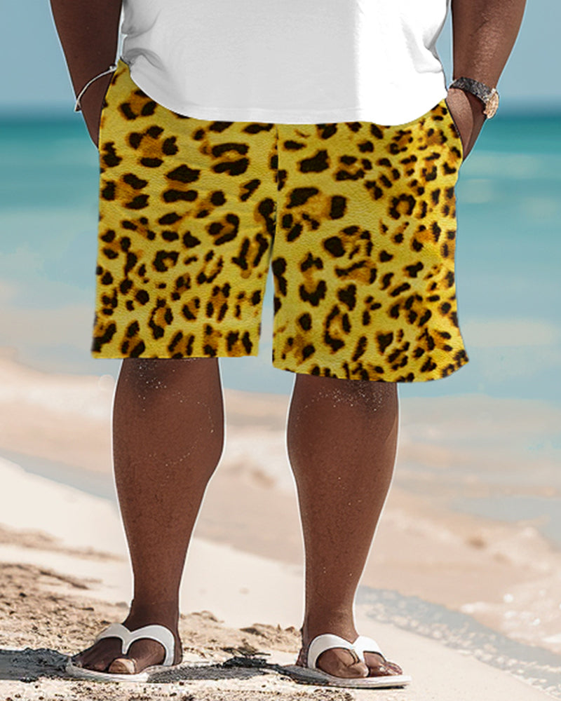 Men's Plus Size Wild Animal Textured Print Polo Shirt Shorts Suit