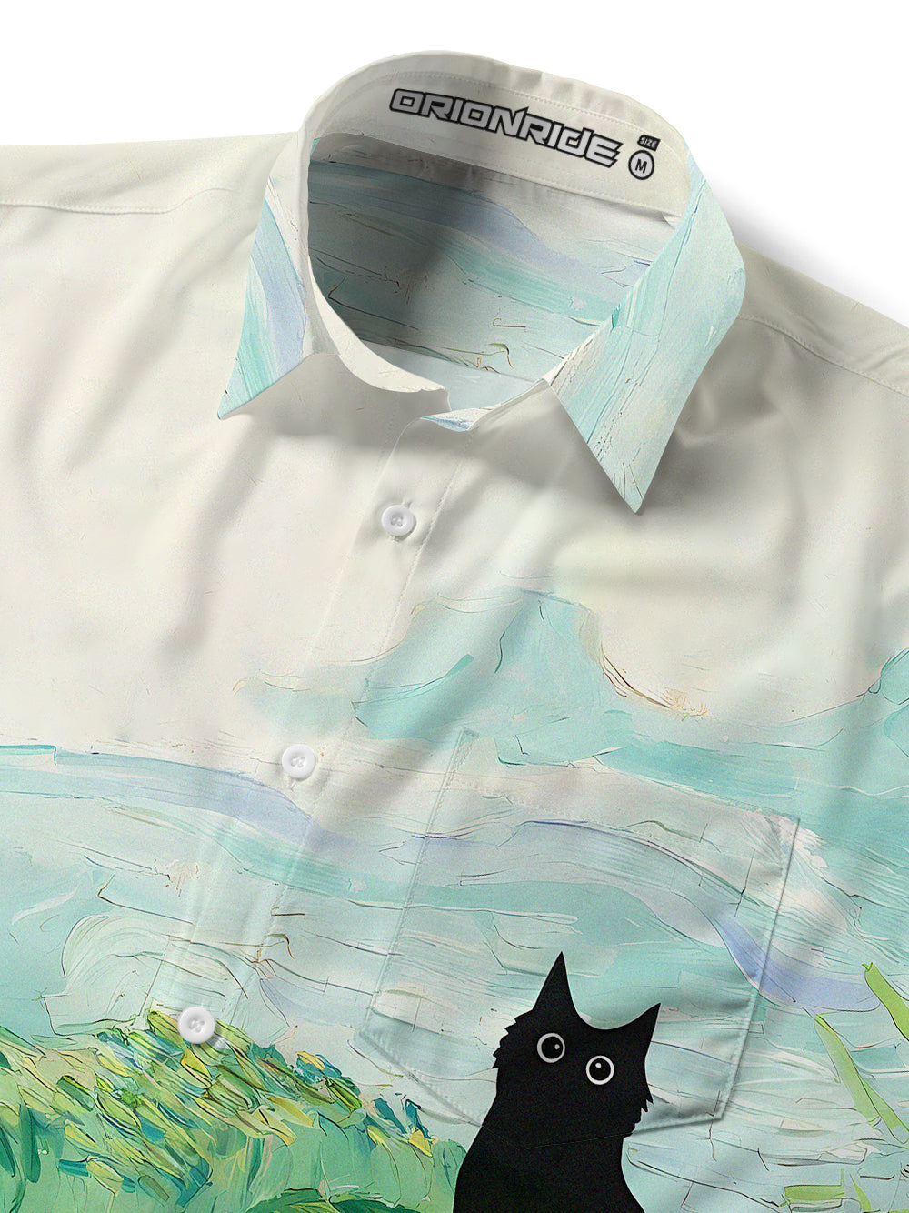 Orionride Short Sleeves Oil Painting Black Cat Zipper Pockets Ultra Lightweight Gravel Shirt