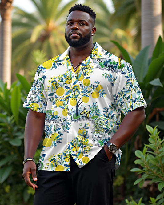 Hawaiian Casual White Clear Lemon Men's Plus Size Cuban Collar Short Sleeve Shirt