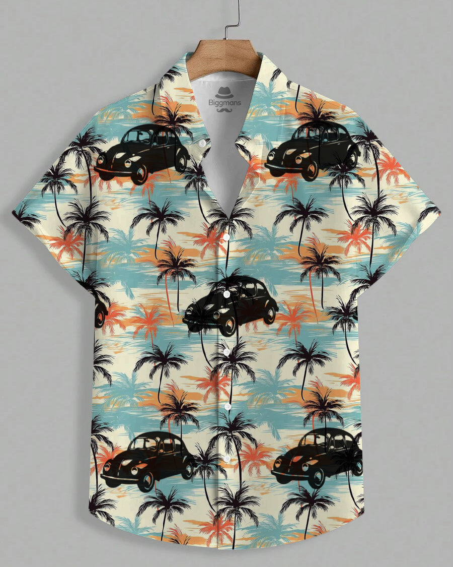 Men's Plus Size Hawaiian Green Coconut Tree Car Print Short Sleeve Shirt