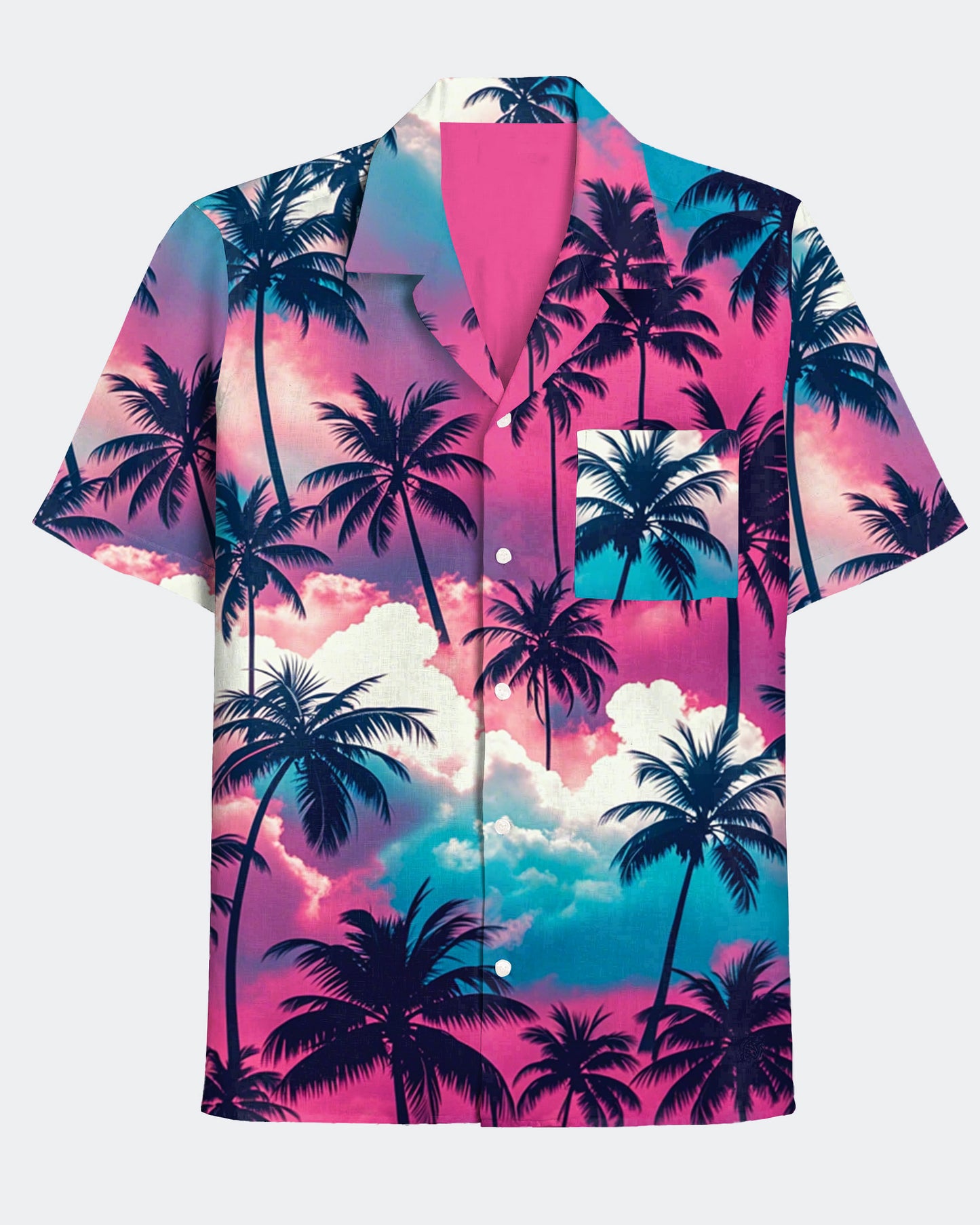 Men's Colorful Cloud and Coconut Tree Print Cuban Collar Short Sleeve Shirt