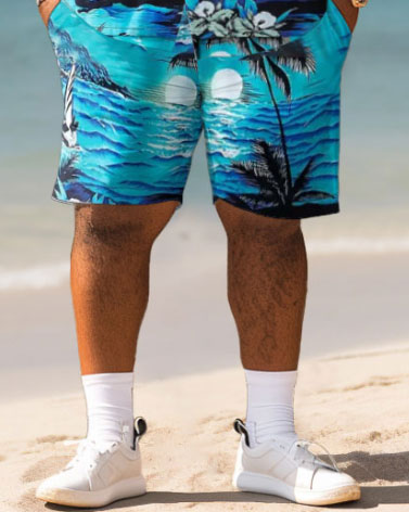 Big Guys Hawaiian Seaside Coconut Tree Print Shirt Shorts Set