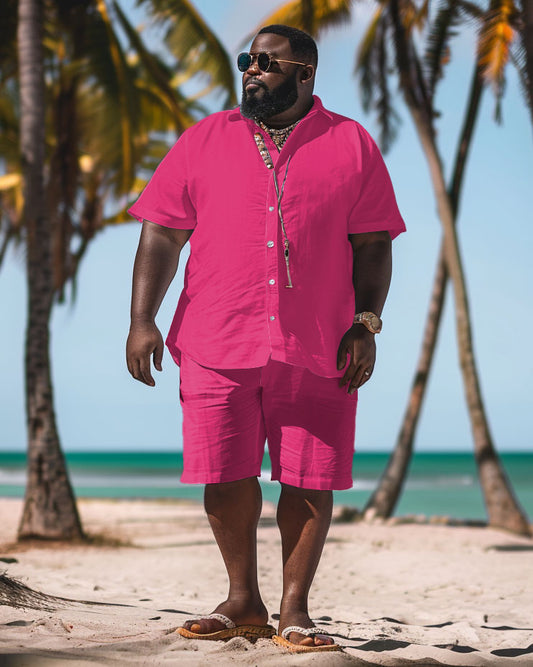 Big Men's Solid Color Pink Shirt Shorts Set