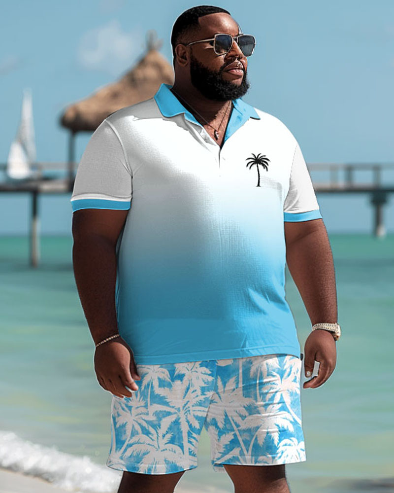 Men's Plus Size Hawaiian Gradient Coconut Tree Print Polo Shorts Suit