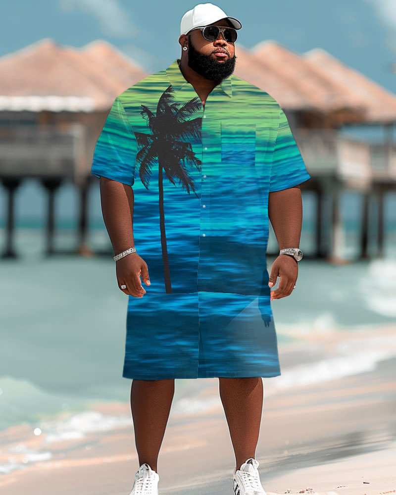 Men's Plus Size Hawaiian Gradient Coconut Tree Print Pocket Short Sleeve Shirt Shorts Suit