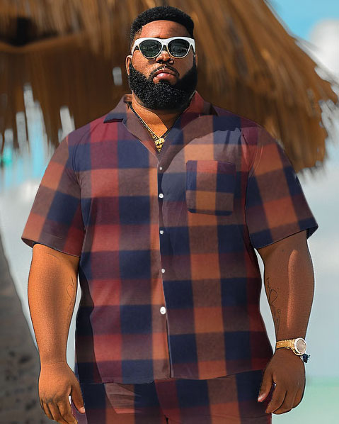 Men's Plus Size Simple Hawaiian Check Print Shirt Shorts Suit