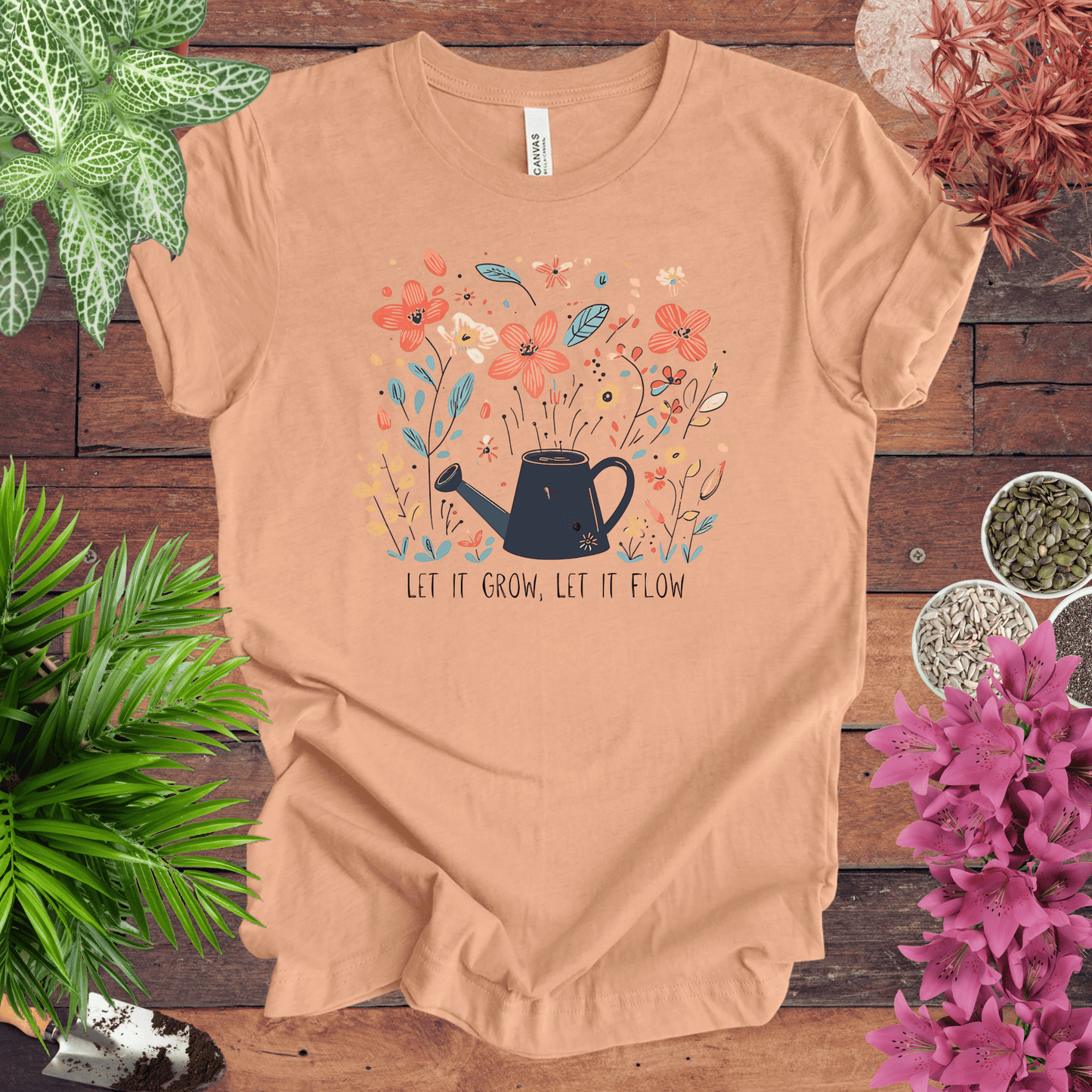 Whimsical Watering Can and Flowers T-Shirt