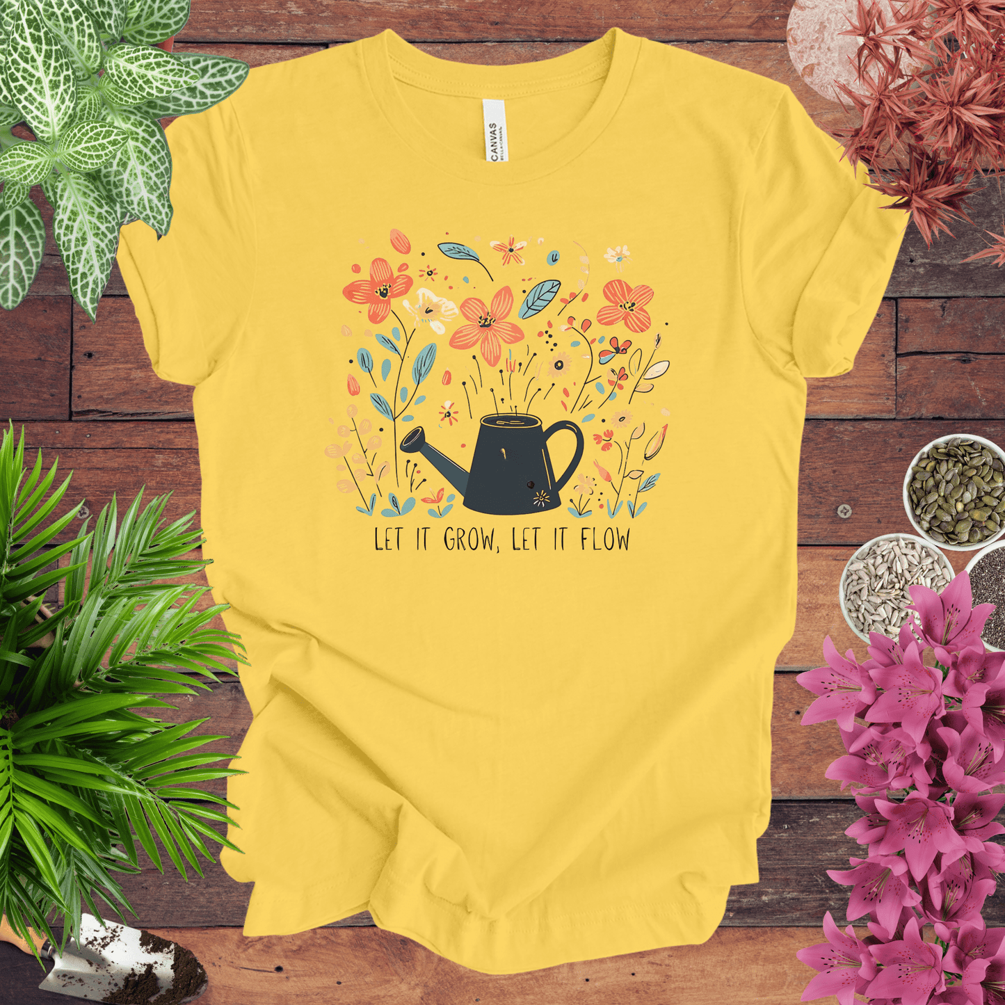 Whimsical Watering Can and Flowers T-Shirt