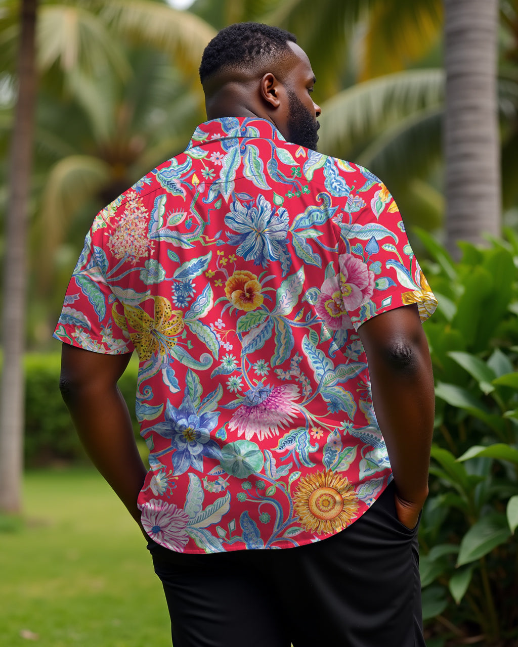 Hawaiian Casual Red Beautiful Garden Men's Plus Size Cuban Collar Short Sleeve Shirt