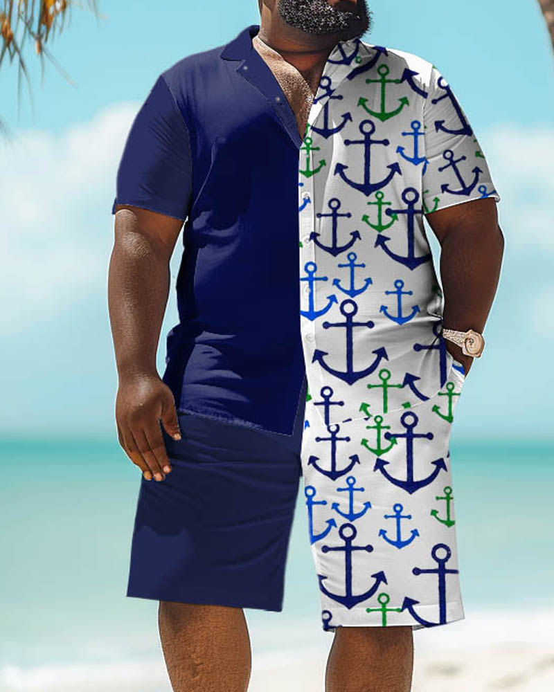 Men's Plus Size Casual Barb Print Short Sleeve Shirt Shorts Suit