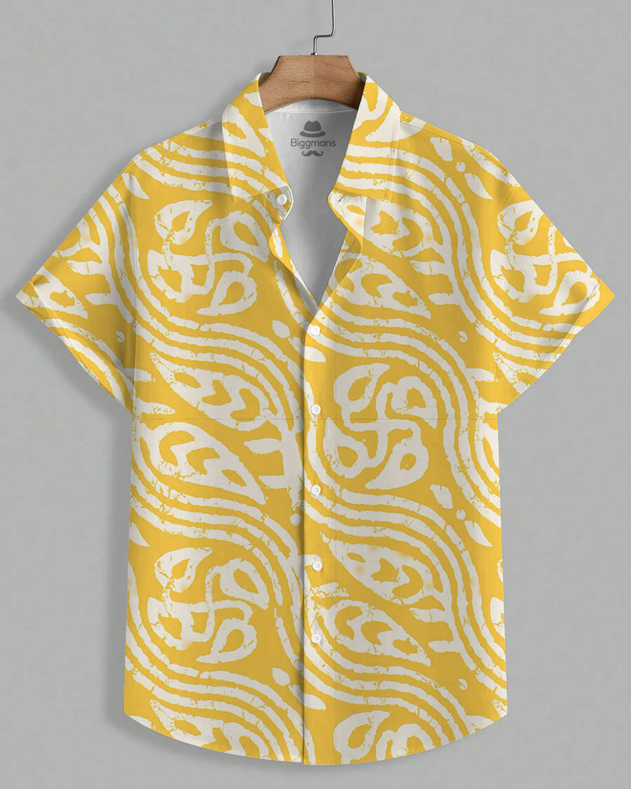 Men's Plus Size Hawaiian Yellow Tribal Wave Art Print Short Sleeve Shirt