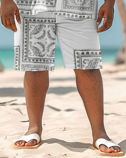 Men's Plus Size Simple Hawaiian Plant Print Shirt Shorts Set