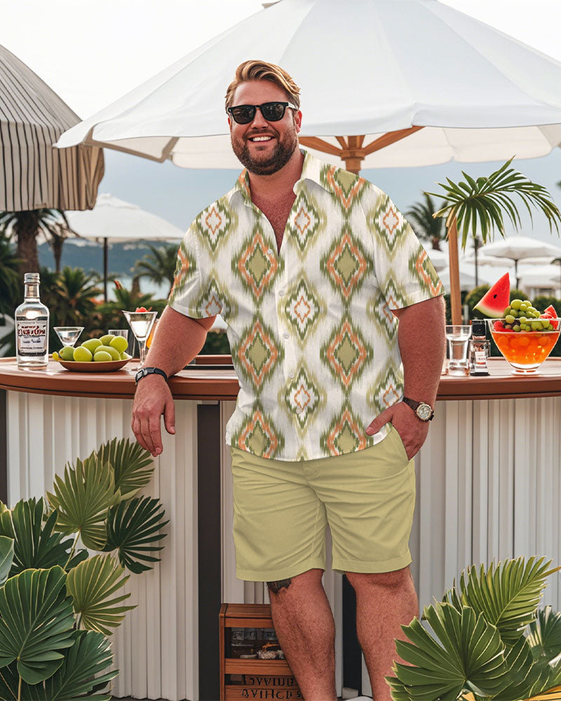 Men's Plus Size Hawaiian Aztec Green Print Shirt Shorts Suit