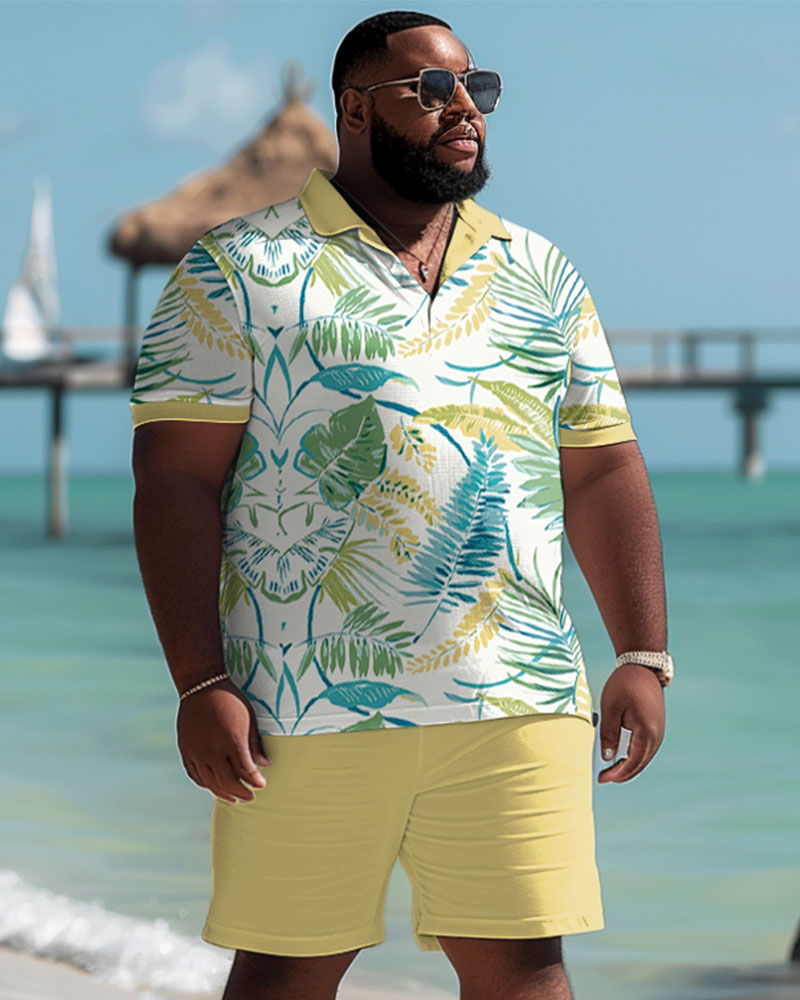 Men's Plus Size Hawaiian Tropical Leaf Polo Shorts Suit