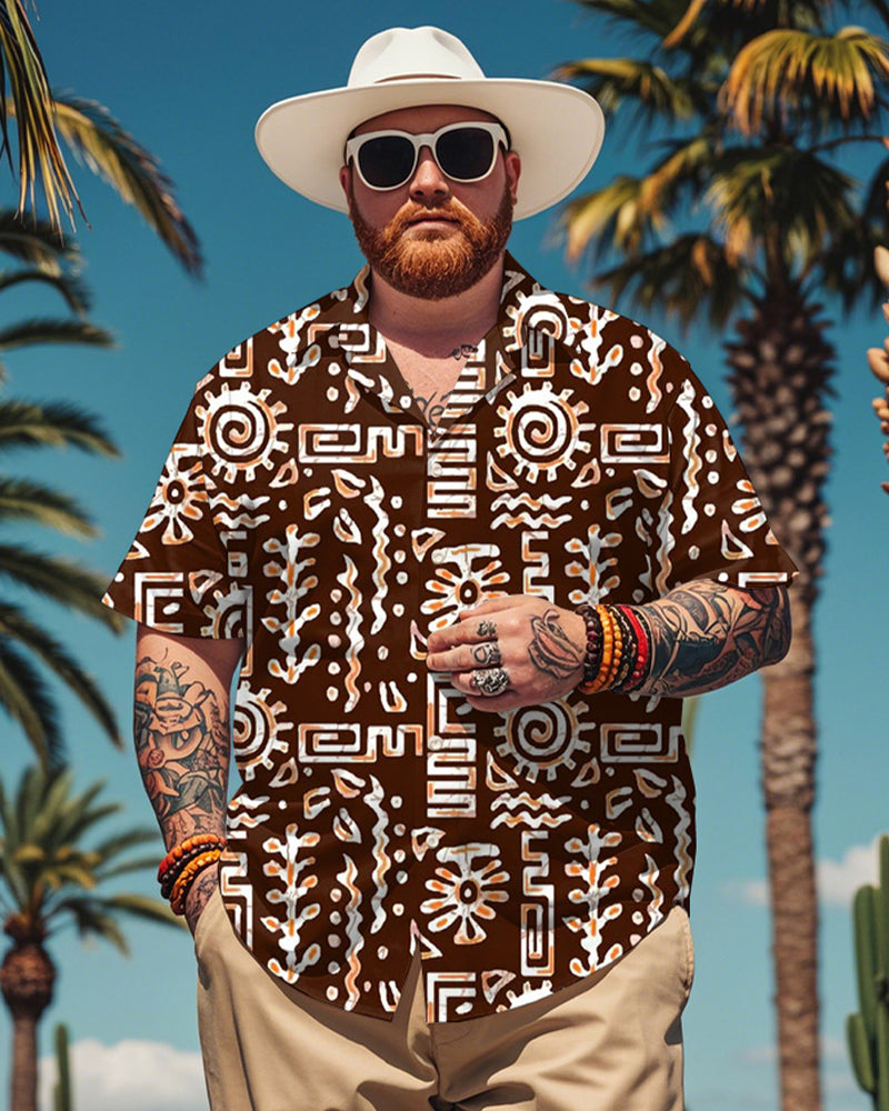 Men's Plus Size Hawaiian Brown Tribal Text Art Print Short Sleeve Shirt