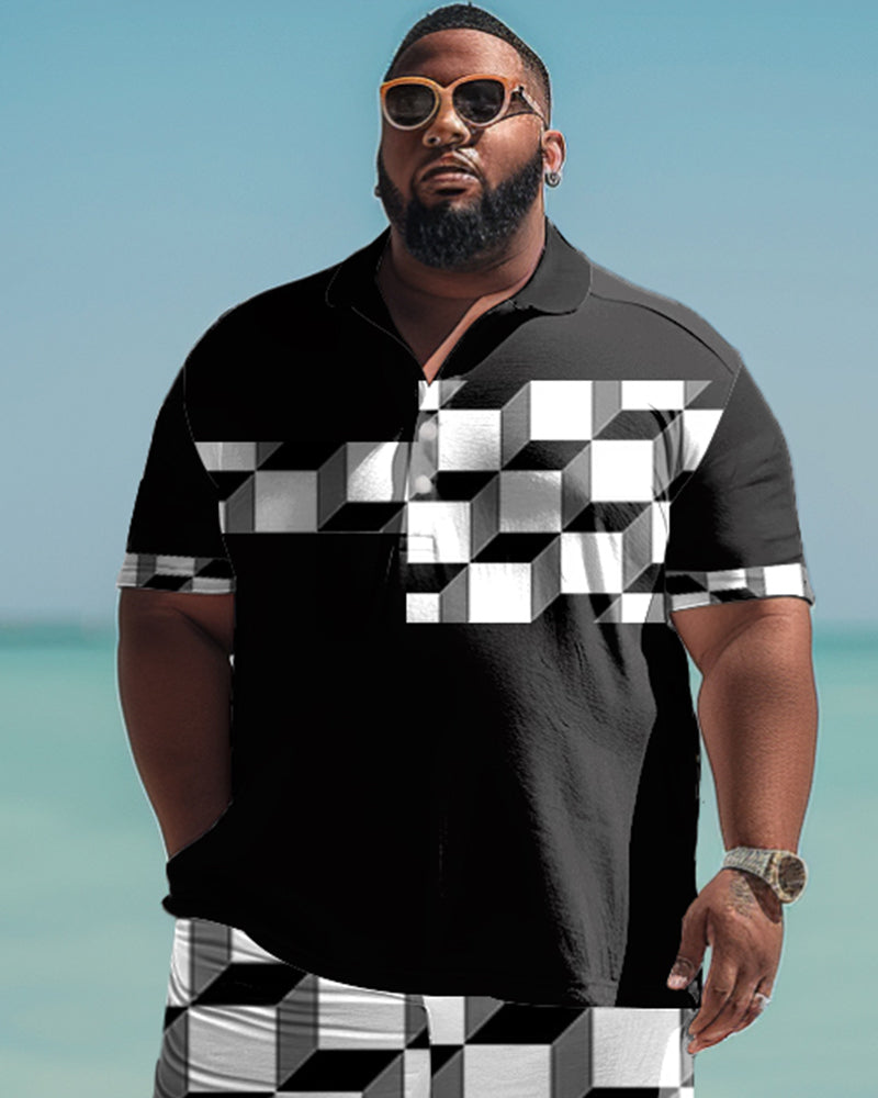 Men's Plus Size 3D Plaid Print Polo Shirt Shorts Set