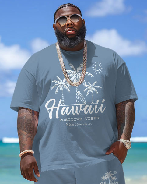 Men's Plus Size Hawaiian Coconut Tree Alphabet Print T-Shirt Shorts Suit