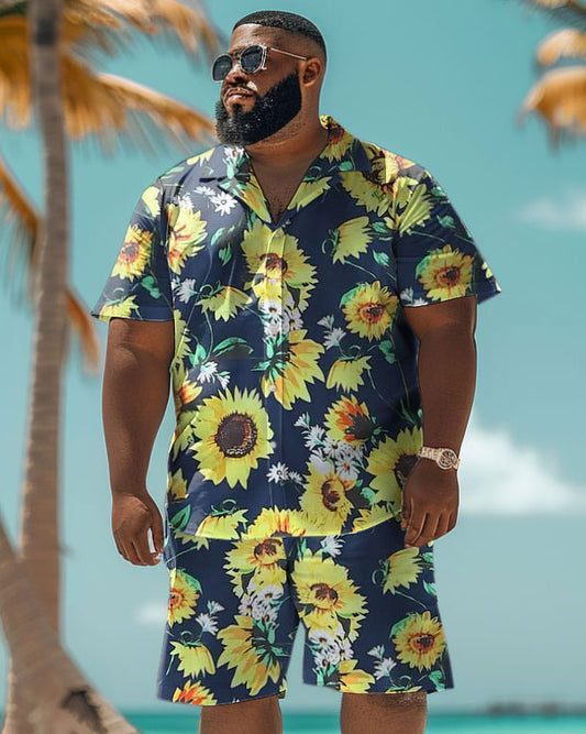 Men's Plus Size Hawaiian Sunflower Print Shirt Shorts Suit