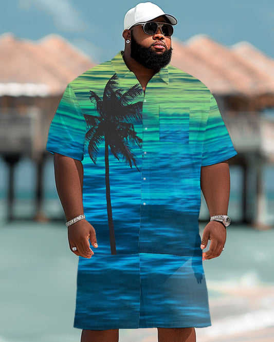 Men's Plus Size Hawaiian Gradient Coconut Tree Print Pocket Short Sleeve Shirt Shorts Suit