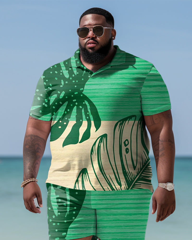 Men's Plus Size Hawaiian Art Coconut Color Block Polo Shirt and Shorts Two-Piece Set