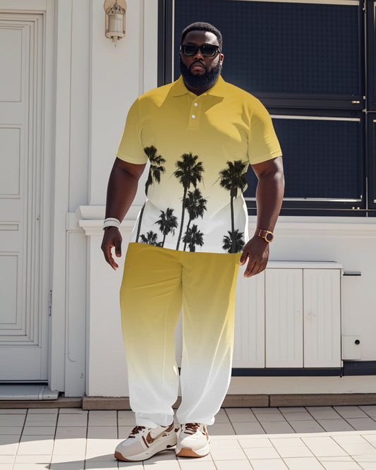 Yellow & White Gradient Brown Tree Silhouette Print Short Sleeve POLO Trousers Suit Men's Plus Size