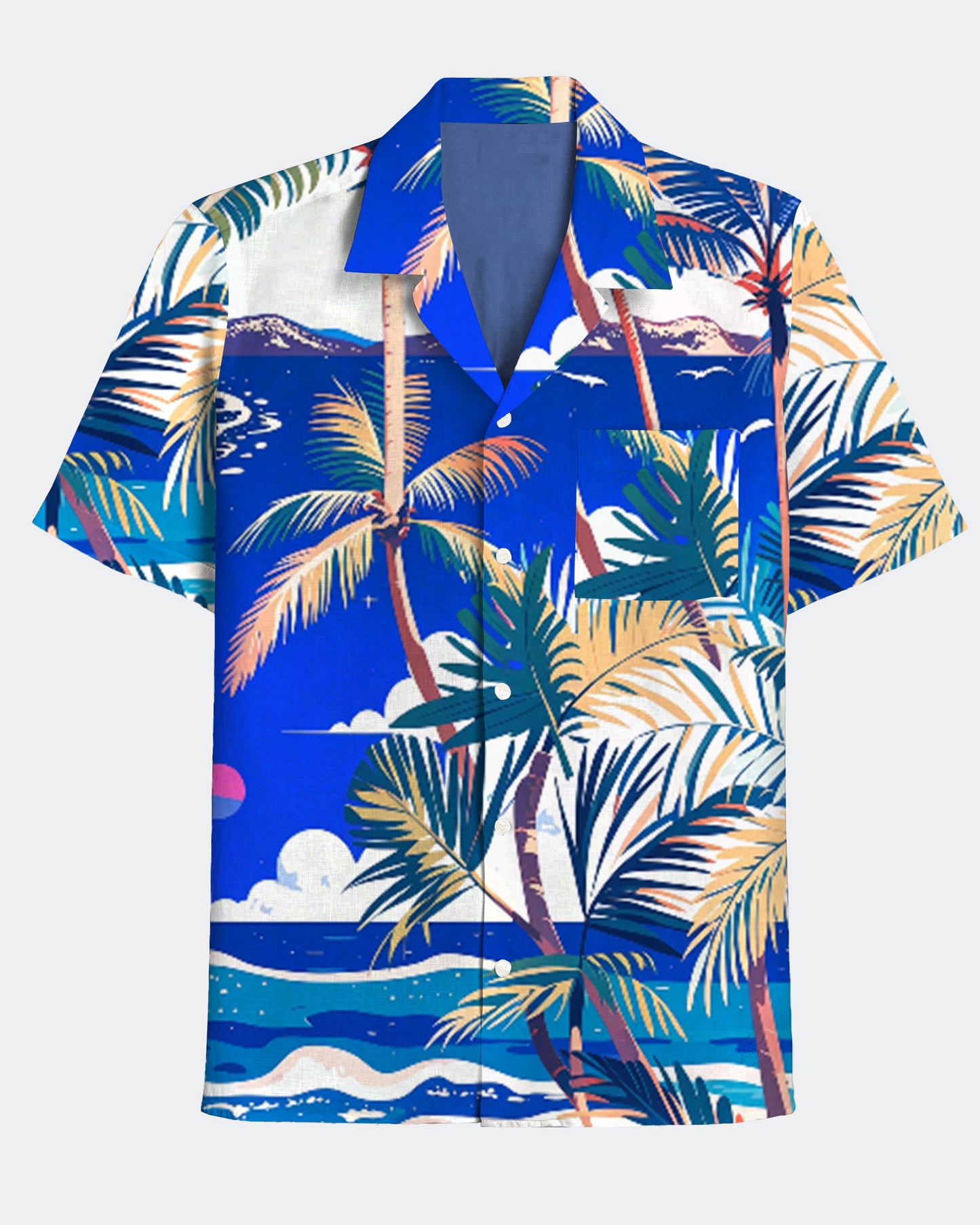 Men's Hawaiian Seaside Coconut Trees Print Cuban Collar Short Sleeve Shirt