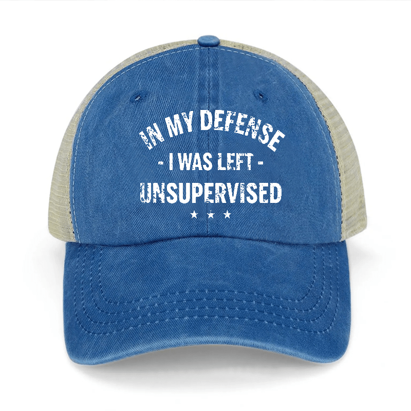 In My Defense I Was Left Unsupervised Washed Denim Mesh Back Cap