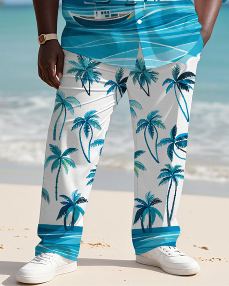 Men's Plus Size Hawaiian Coconut Blue Gradient Print Long Sleeve Shirt Trousers Suit