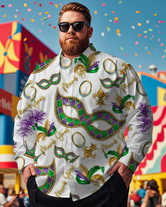 Men's Plus Size Carnival Mask Letter White Print Long Sleeve Shirt