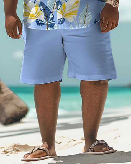 Men's Plus Size Hawaiian Blue Tropical Leaf Print Shirt Shorts Set