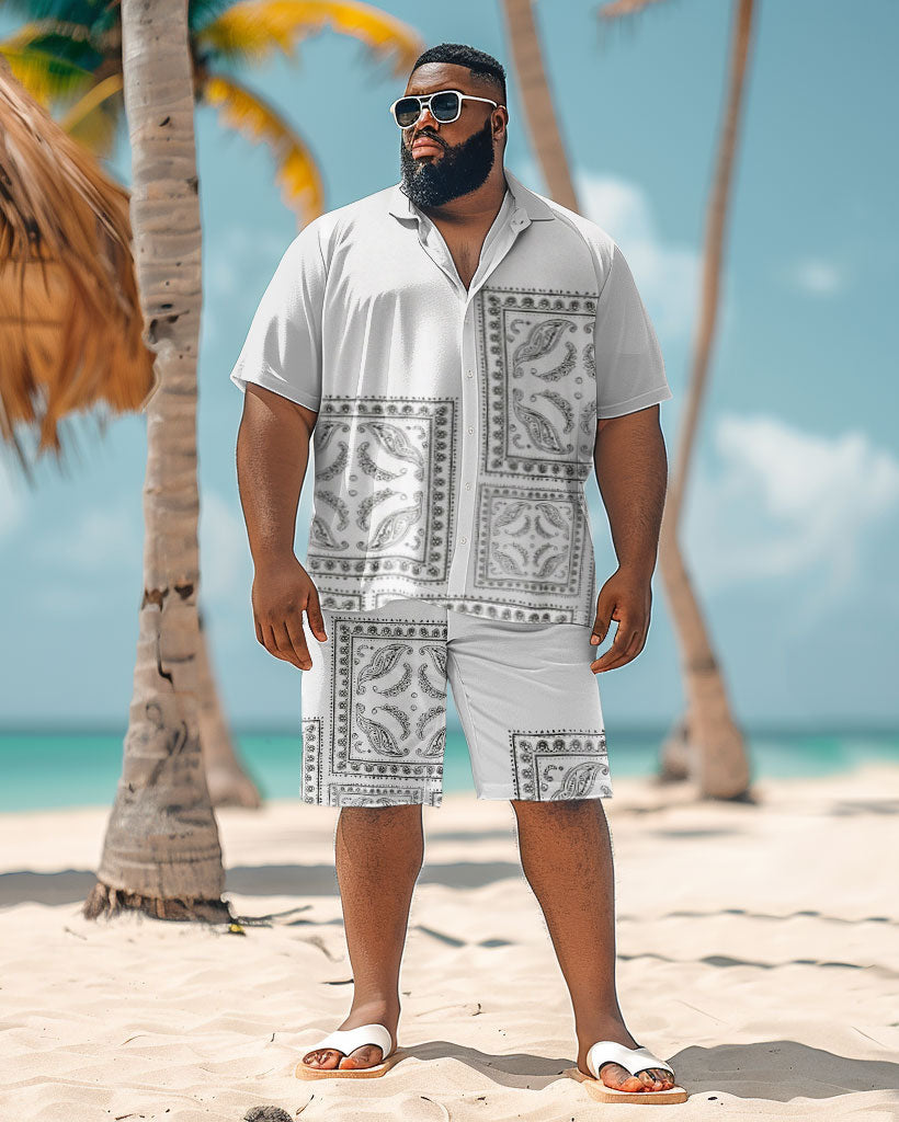 Men's Plus Size Simple Hawaiian Plant Print Shirt Shorts Set