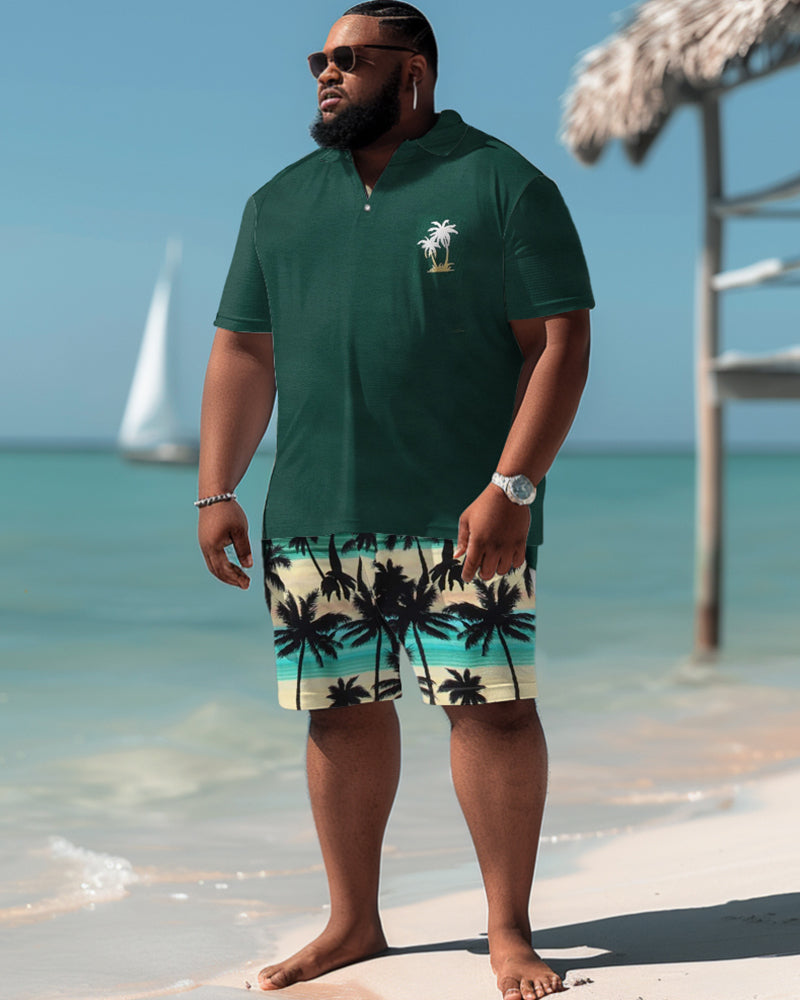 Hawaiian Coconut Tree Pattern Colorblock Shorts Men's Plus Size Set