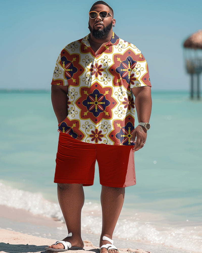 Men's Plus Size Classic Retro Pattern Polo Shirt Shorts Suit