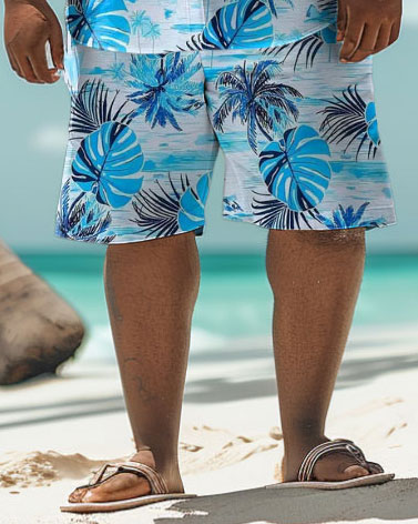 Men's Plus Size Hawaiian Tropical Leaf Print Shirt Shorts Suit