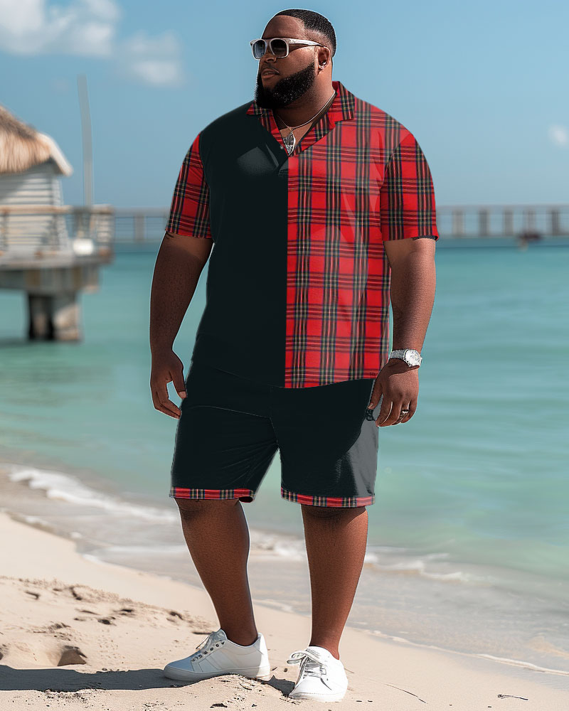 Men's Oversized Plaid Short Sleeve Polo Shirts and Shorts Set