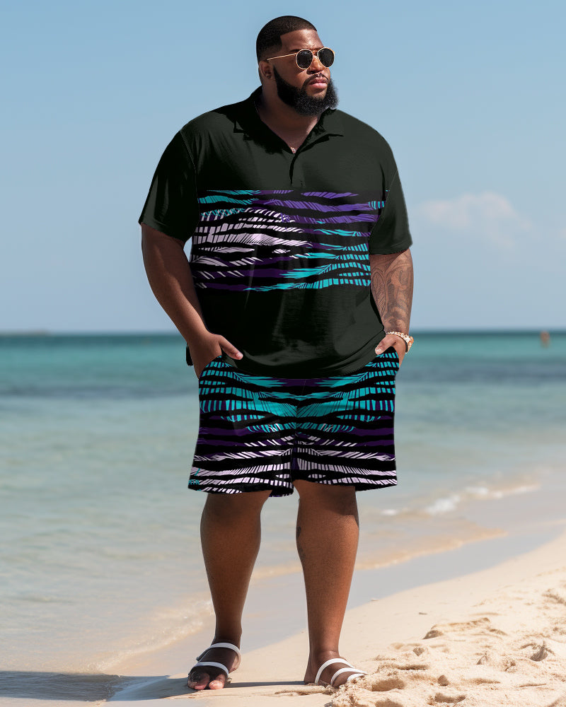 Hawaiian Leaf Striped Polo Shirt and Shorts Two-Piece Men's Plus Size Set