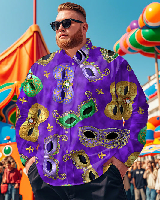 Men's Plus Size Carnival Purple Mask Print Long Sleeve Shirt