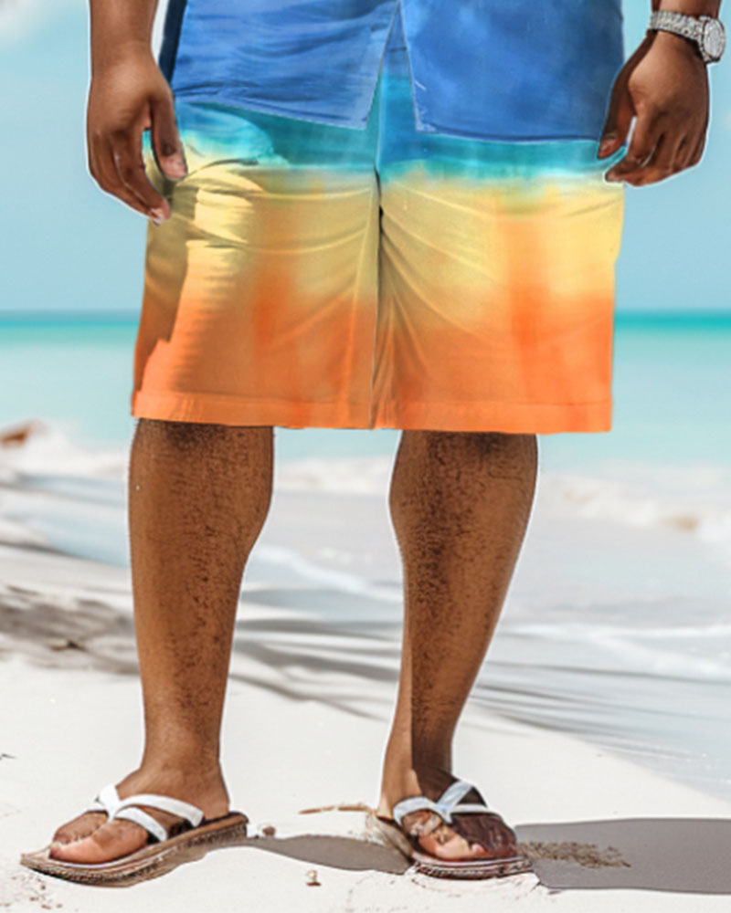 Men's Plus Size Hawaiian Gradient Coconut Tree Print Shirt Shorts Set