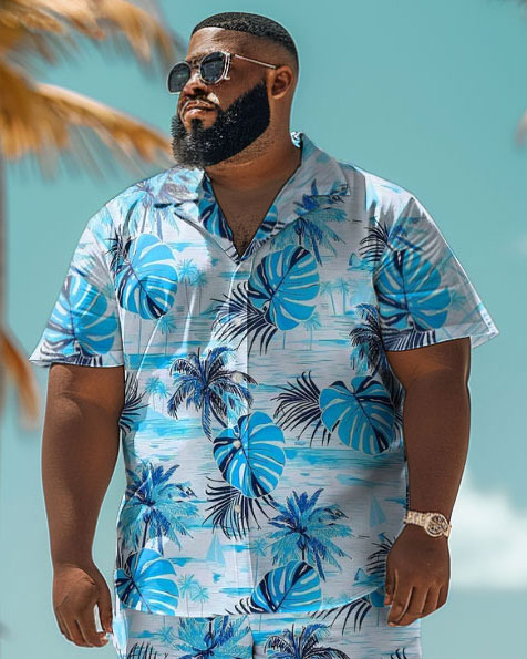 Men's Plus Size Hawaiian Tropical Leaf Print Shirt Shorts Suit