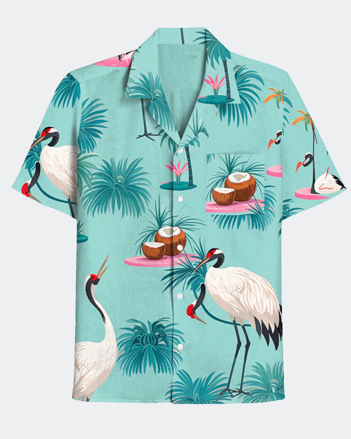 Men's Hawaiian Red-crowned Crane Coconut Print Short Sleeve Shirt