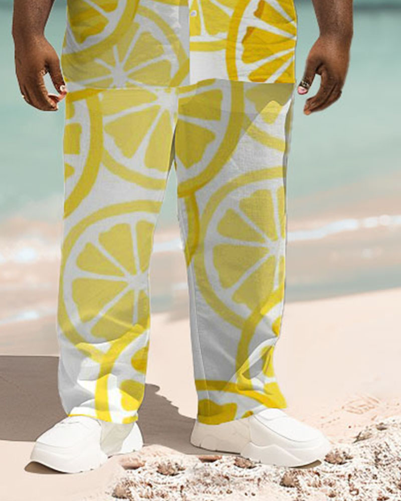 Men's Plus Size Hawaiian Lemon Print Short Sleeve Shirt Trousers Suit