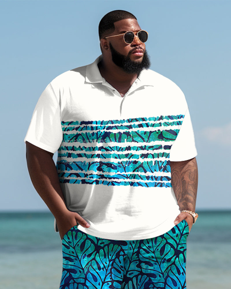 Hawaiian Leaf Striped Polo Shirt and Shorts Two-Piece Men's Plus Size Set