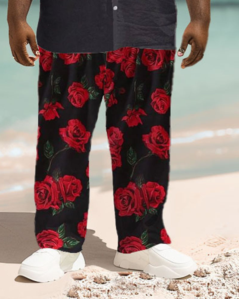 Men's Plus Size Hawaiian Rose Print Short Sleeve Shirt Trousers Suit