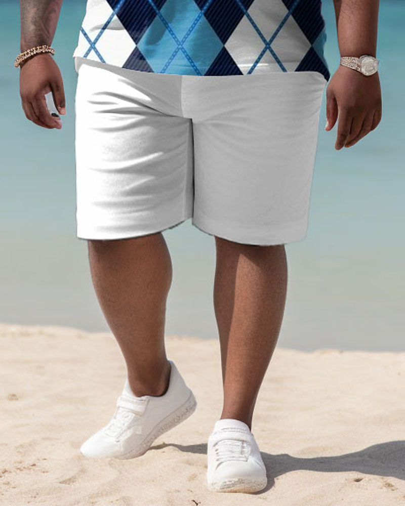 Men's Plus Size Check Print Short Sleeve Polo Shirt Shorts Set