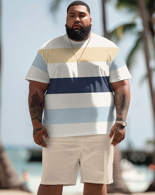 Men's Plus Size Hawaiian Simple Stripe Print T-Shirt Shorts Set