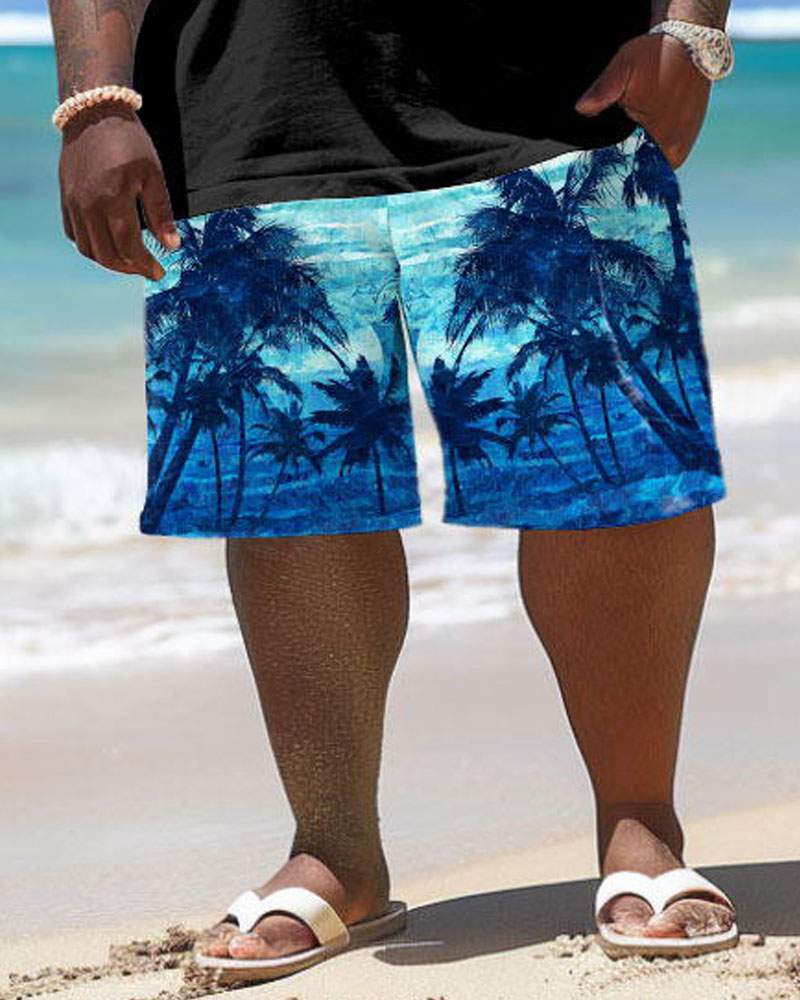 Men's Plus Size Hawaiian Patchwork Gradient Coconut Tree Print T-Shirt Shorts Set